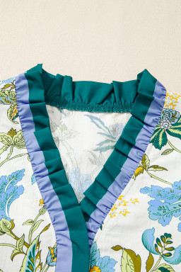 Beige Floral Print Contrasted Frilled Striped Trim Short Sleeve Blouse