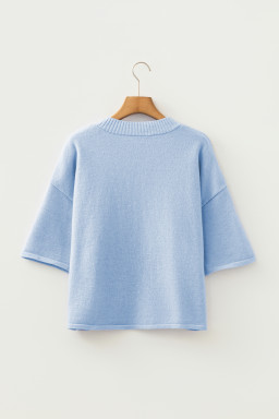 Beau Blue 3/4 Sleeve Boxy Knit Button Down Sweater Cardigan