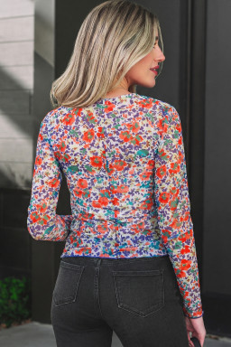 Blue Floral Print Slim Fit Mesh Long Sleeve Mock Neck Top