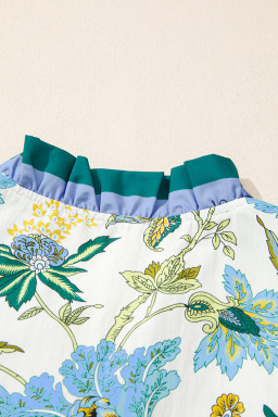 Beige Floral Print Contrasted Frilled Striped Trim Short Sleeve Blouse