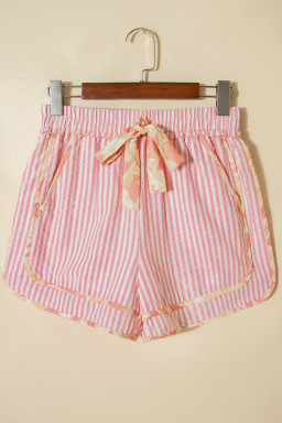 Light Pink Floral Trim Ribbon Knot Striped Casual Shorts