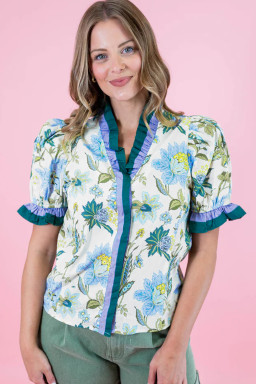 Beige Floral Print Contrasted Frilled Striped Trim Short Sleeve Blouse