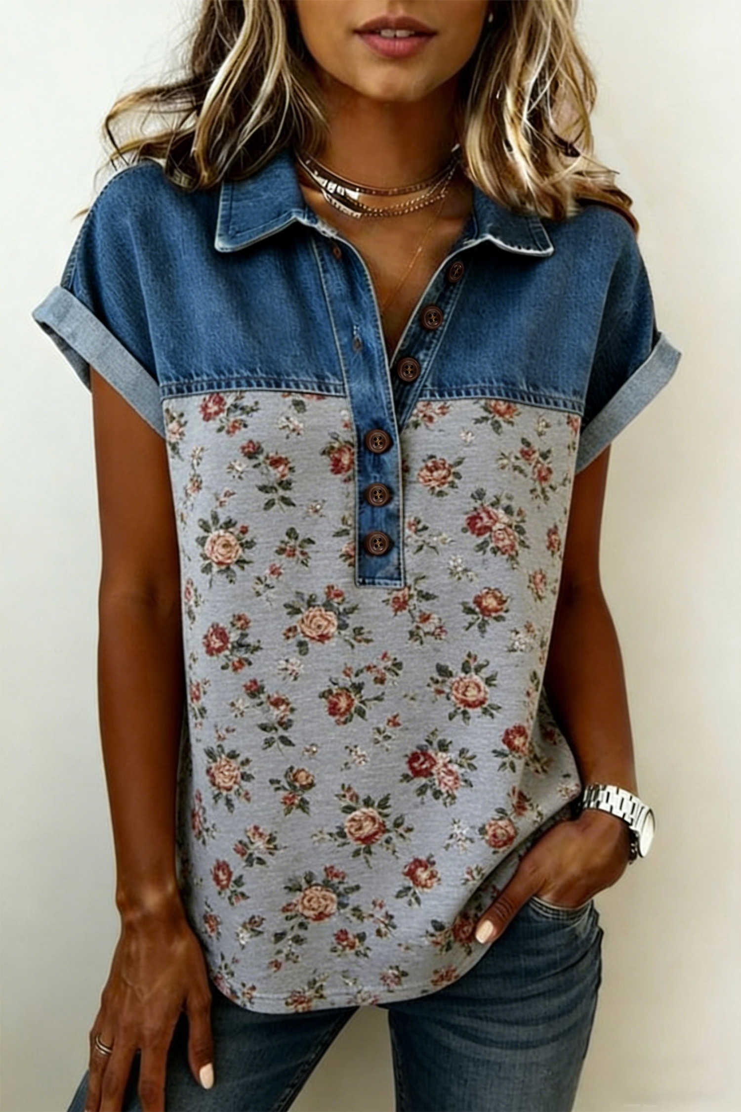 Samarreta de coll polo amb botons i estampat floral retro gris denim amb patchwork
