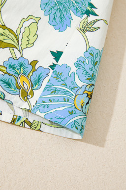 Beige Floral Print Contrasted Frilled Striped Trim Short Sleeve Blouse