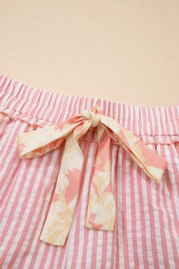 Light Pink Floral Trim Ribbon Knot Striped Casual Shorts
