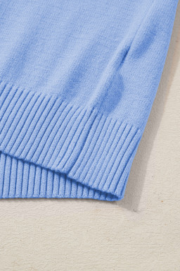 Beau Blue Solid Color Ribbed Trim Round Neck Ruffle Short Sleeve Sweater