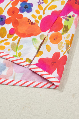 Rose Striped Trim Collared V Neck Short Sleeve Floral Print Blouse