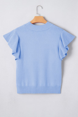 Beau Blue Solid Color Ribbed Trim Round Neck Ruffle Short Sleeve Sweater