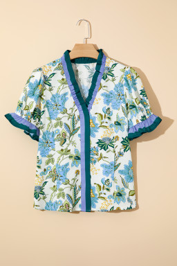Beige Floral Print Contrasted Frilled Striped Trim Short Sleeve Blouse