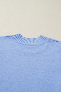 Beau Blue Solid Color Ribbed Trim Round Neck Ruffle Short Sleeve Sweater