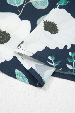 Blue Floral Print Striped Patchwork V Neck Short Sleeve Blouse