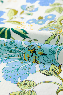 Beige Floral Print Contrasted Frilled Striped Trim Short Sleeve Blouse