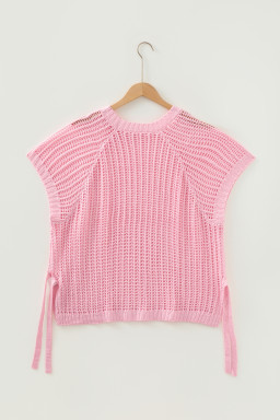 Pink Plus Size Open Knit Bow Tie Short Sleeve Sweater