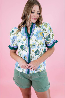 Beige Floral Print Contrasted Frilled Striped Trim Short Sleeve Blouse