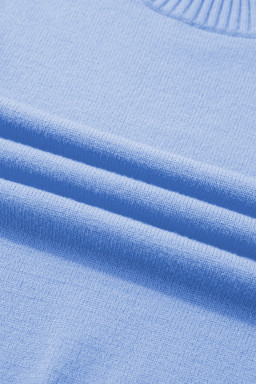 Beau Blue Solid Color Ribbed Trim Round Neck Ruffle Short Sleeve Sweater