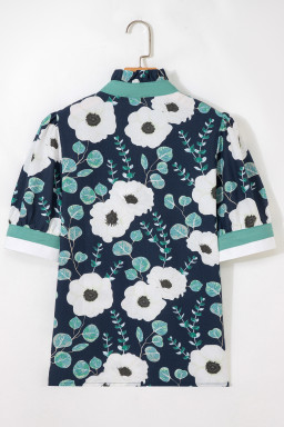 Blue Floral Print Striped Patchwork V Neck Short Sleeve Blouse