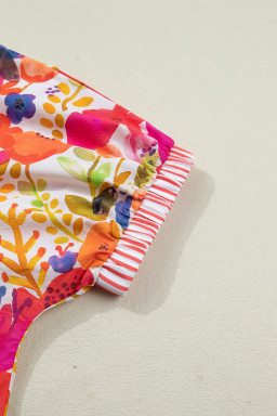 Rose Striped Trim Collared V Neck Short Sleeve Floral Print Blouse