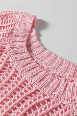 Pink Plus Size Open Knit Bow Tie Short Sleeve Sweater