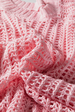 Pink Plus Size Open Knit Bow Tie Short Sleeve Sweater