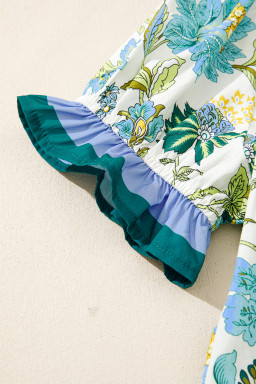 Beige Floral Print Contrasted Frilled Striped Trim Short Sleeve Blouse