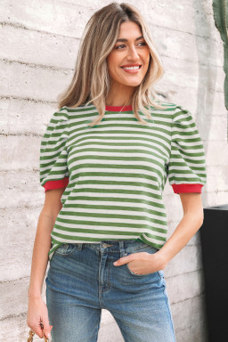 Green Stripe Short Puff Sleeve Contrast Trim Round Neck Tee