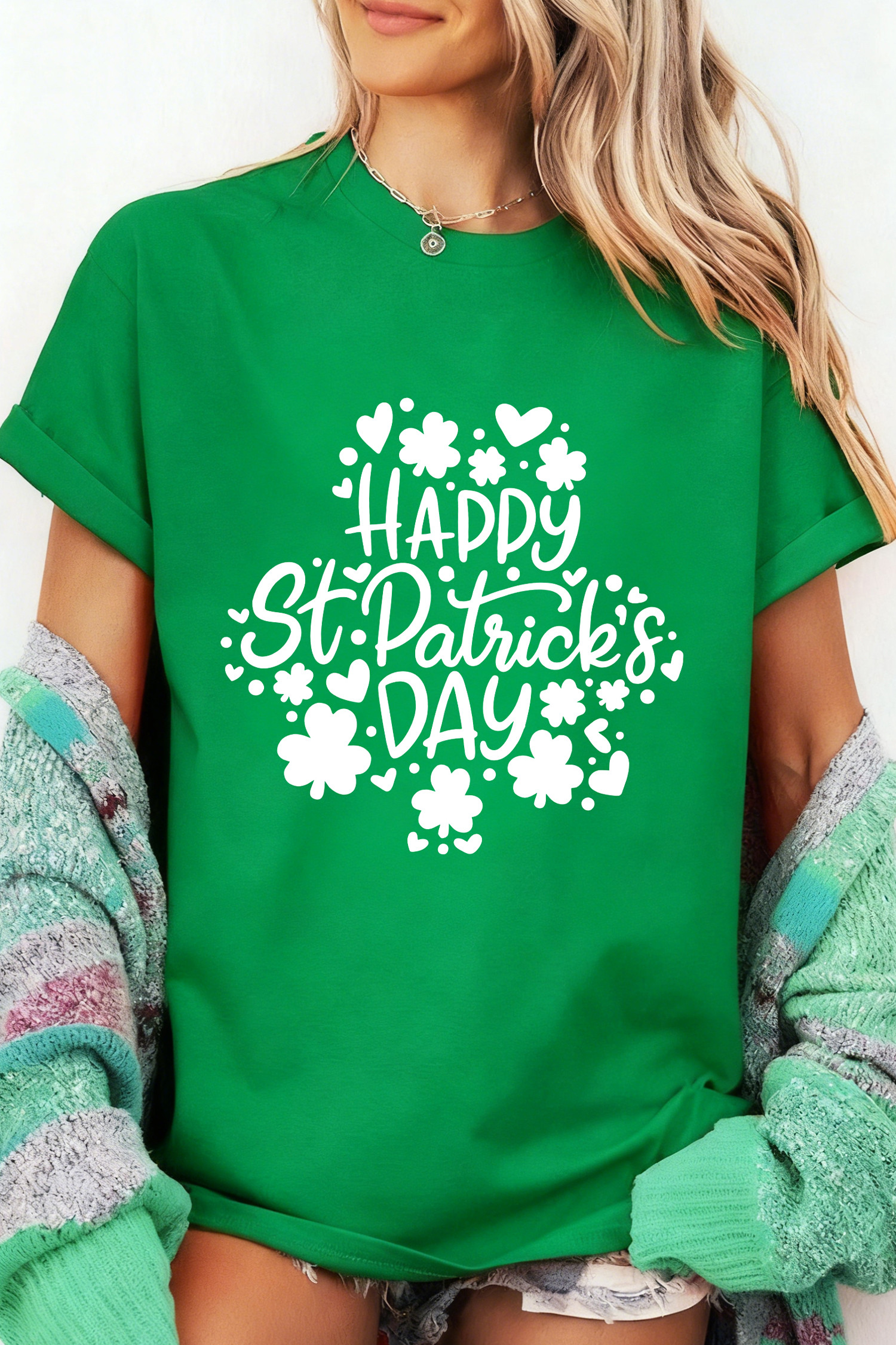 Bright Green Happy St Patricks Day Clover Printed Casual T Shirt