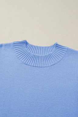 Beau Blue Solid Color Ribbed Trim Round Neck Ruffle Short Sleeve Sweater