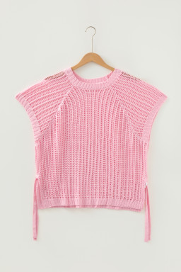 Pink Plus Size Open Knit Bow Tie Short Sleeve Sweater