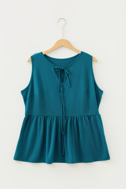 Blue Sapphire Plus Size Solid Color Bow Tie Peplum Tank Top