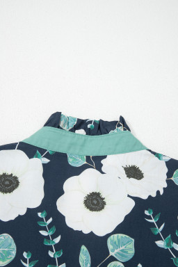 Blue Floral Print Striped Patchwork V Neck Short Sleeve Blouse