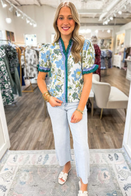 Beige Floral Print Contrasted Frilled Striped Trim Short Sleeve Blouse