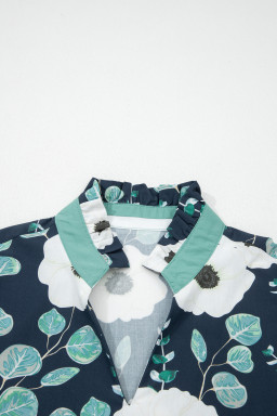 Blue Floral Print Striped Patchwork V Neck Short Sleeve Blouse