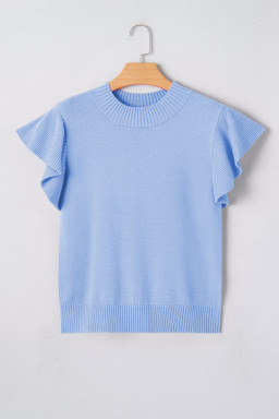 Beau Blue Solid Color Ribbed Trim Round Neck Ruffle Short Sleeve Sweater