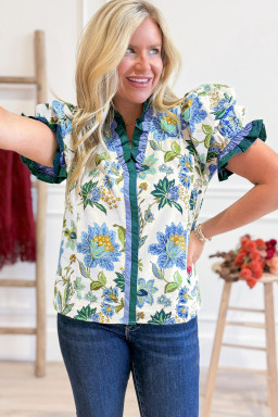 Beige Floral Print Contrasted Frilled Striped Trim Short Sleeve Blouse