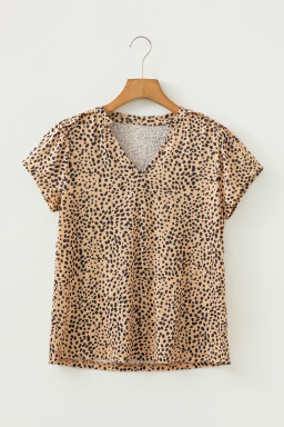 Apricot Cheeath Print Frilled V Neck Shirred Detail Short Sleeve Blouse