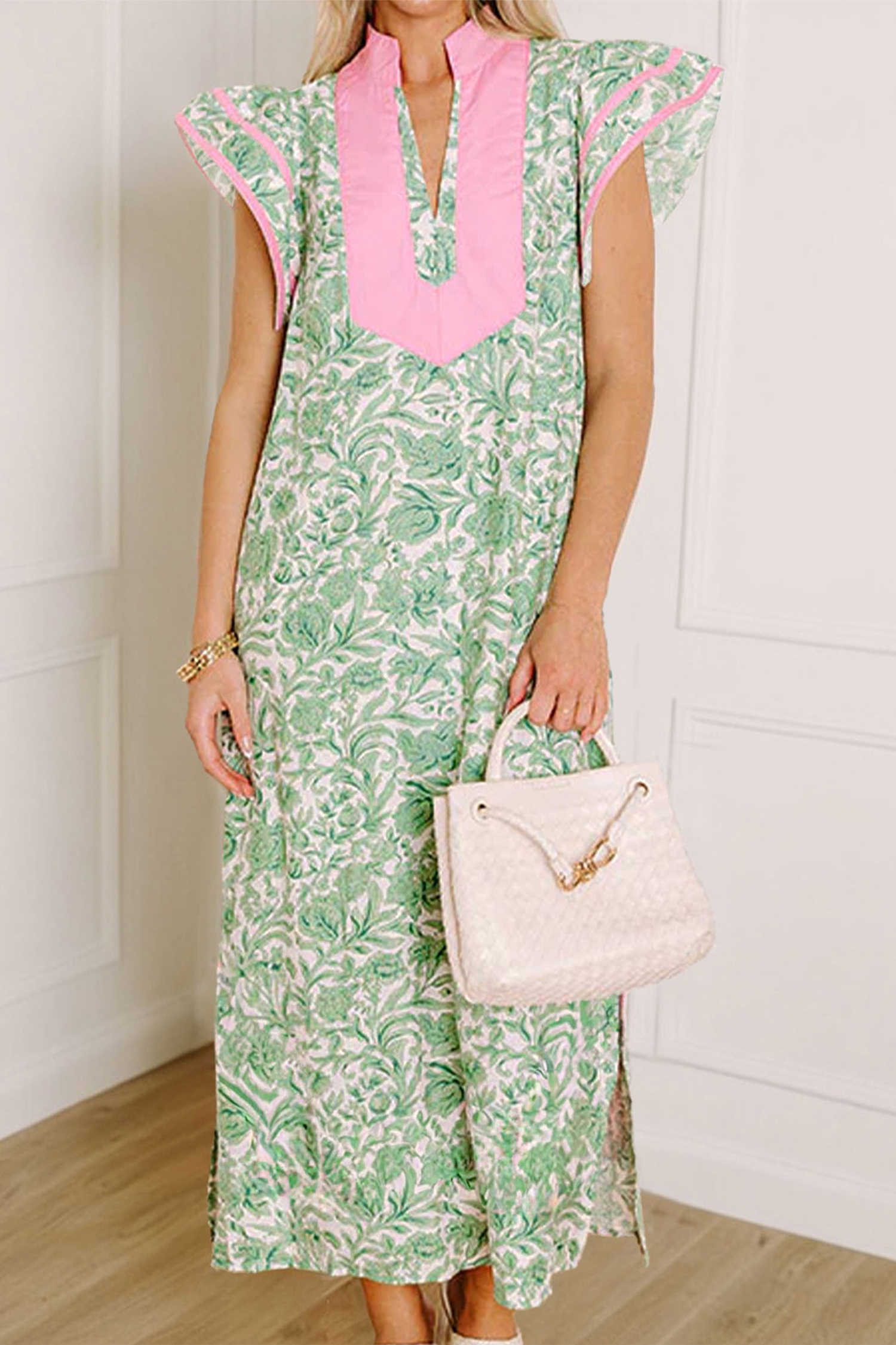 Green Floral Print Color Block Patchwork V Neck Short Sleeve Midi Dress