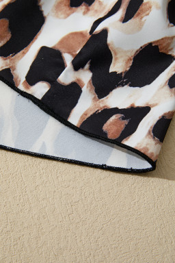 Black Plus Size Leopard Patchwork V Neck 3/4 Sleeve Ruffle Hem Mini Dress