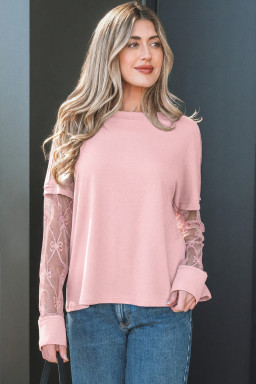 Light Pink Solid Color Bow Textured Patchwork Long Sleeve Tee