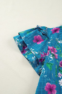 Blue Floral Flutter Sleeve Button Tie Split Neck Belted Long Dress