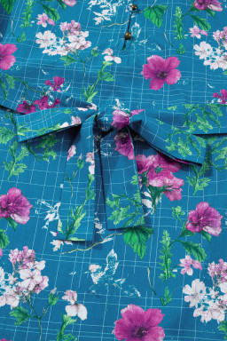 Blue Floral Flutter Sleeve Button Tie Split Neck Belted Long Dress