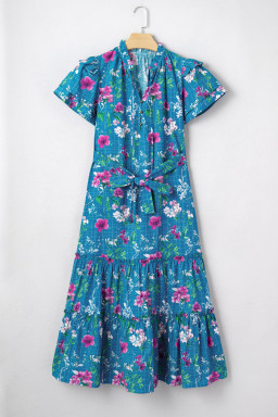 Blue Floral Flutter Sleeve Button Tie Split Neck Belted Long Dress