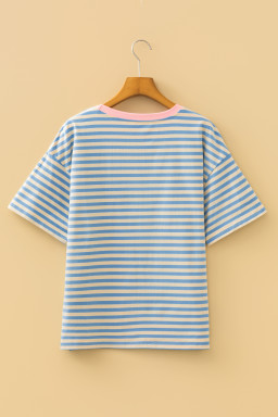 Sky Blue Stripe Contrast Crew Neck Drop Shoulder Loose Tee