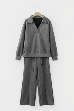 Medium Grey Collared V Neck Pullover Sweatshirt Sweatpants Set