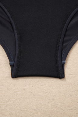 Black Drawstring Big Hole Floral Print Sleeveless One Piece Swimsuit