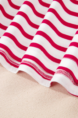 Red Stripe Scalloped Trim Round Neck T Shirt