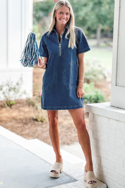 Blue Zip up Collared Short Sleeve Shift Mini Denim Dress