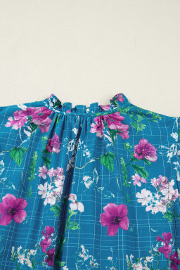 Blue Floral Flutter Sleeve Button Tie Split Neck Belted Long Dress