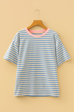 Sky Blue Stripe Contrast Crew Neck Drop Shoulder Loose Tee