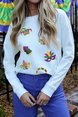 White Sequin Mardi Gras Elements Long Sleeve Graphic Top