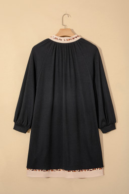 Black Contrast Color Block Leopard Trim Plus Size Ribbed Dress